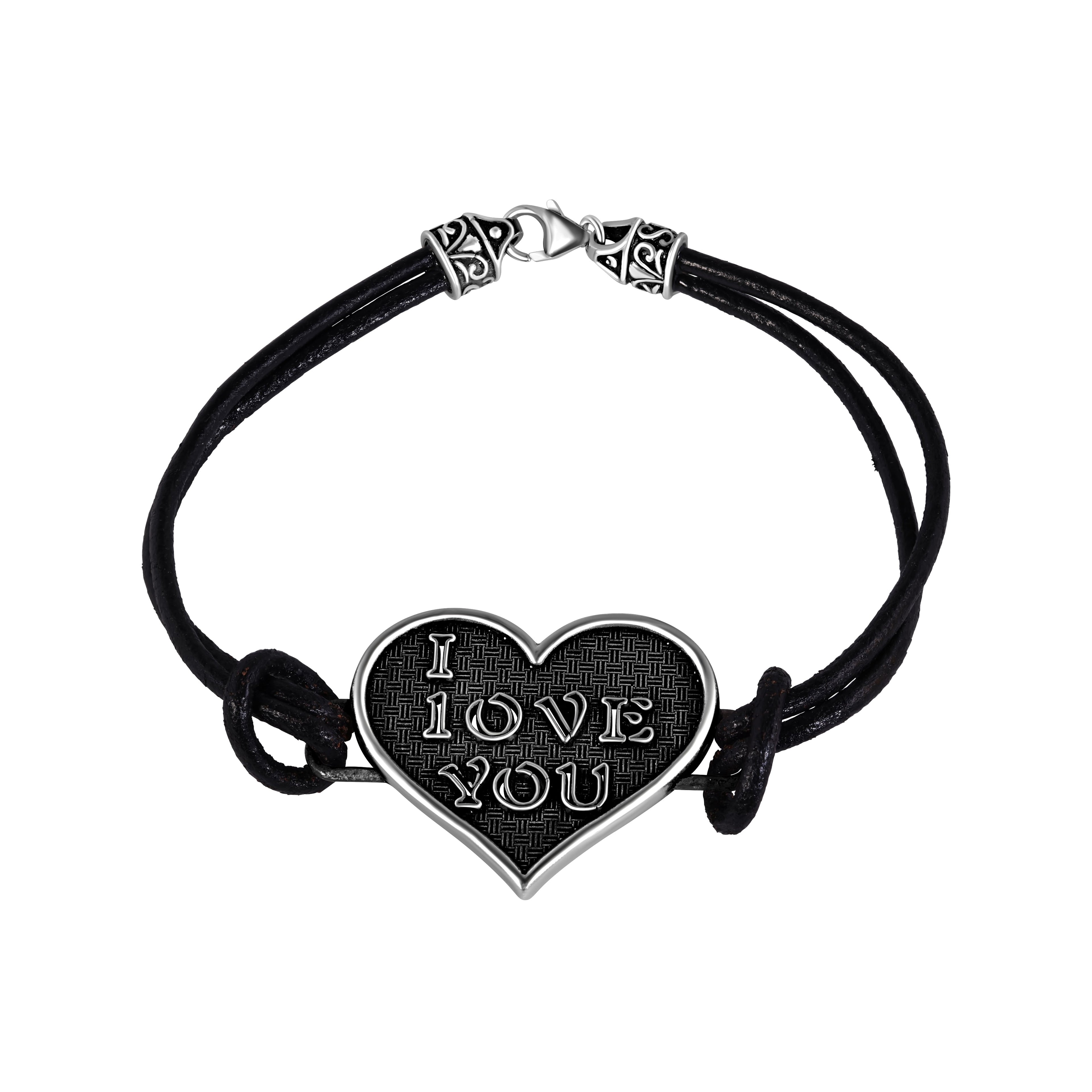 Silver 925 Oxidized I LOVE YOU Heart Leather Bracelet - OXB00006