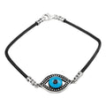 Oxidized 925 Sterling Silver Evil Blue Eve Leather Bracelet - OXB00011