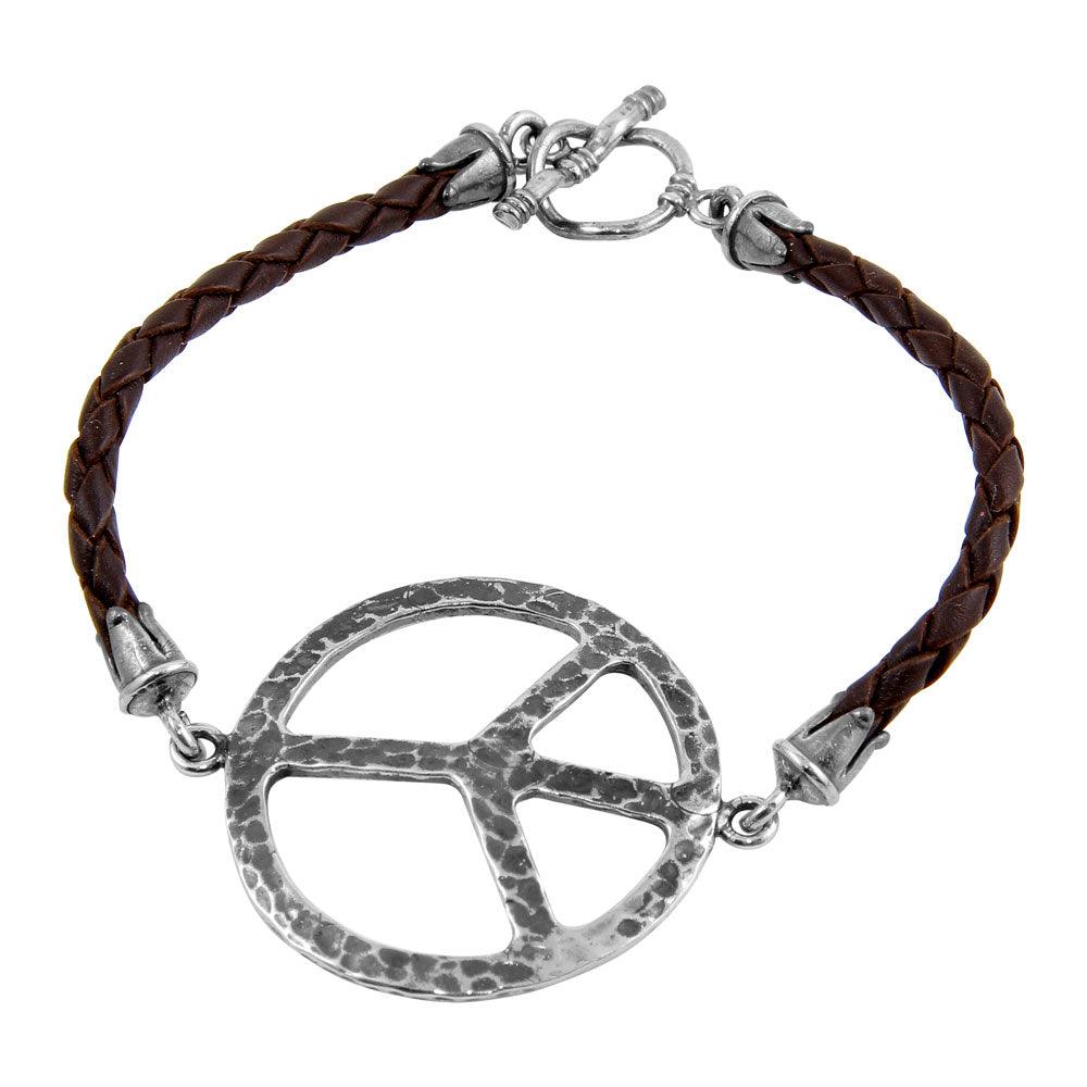 Oxidized 925 Sterling Silver Peace Sign on a Leather Strap Bracelet - OXB00012