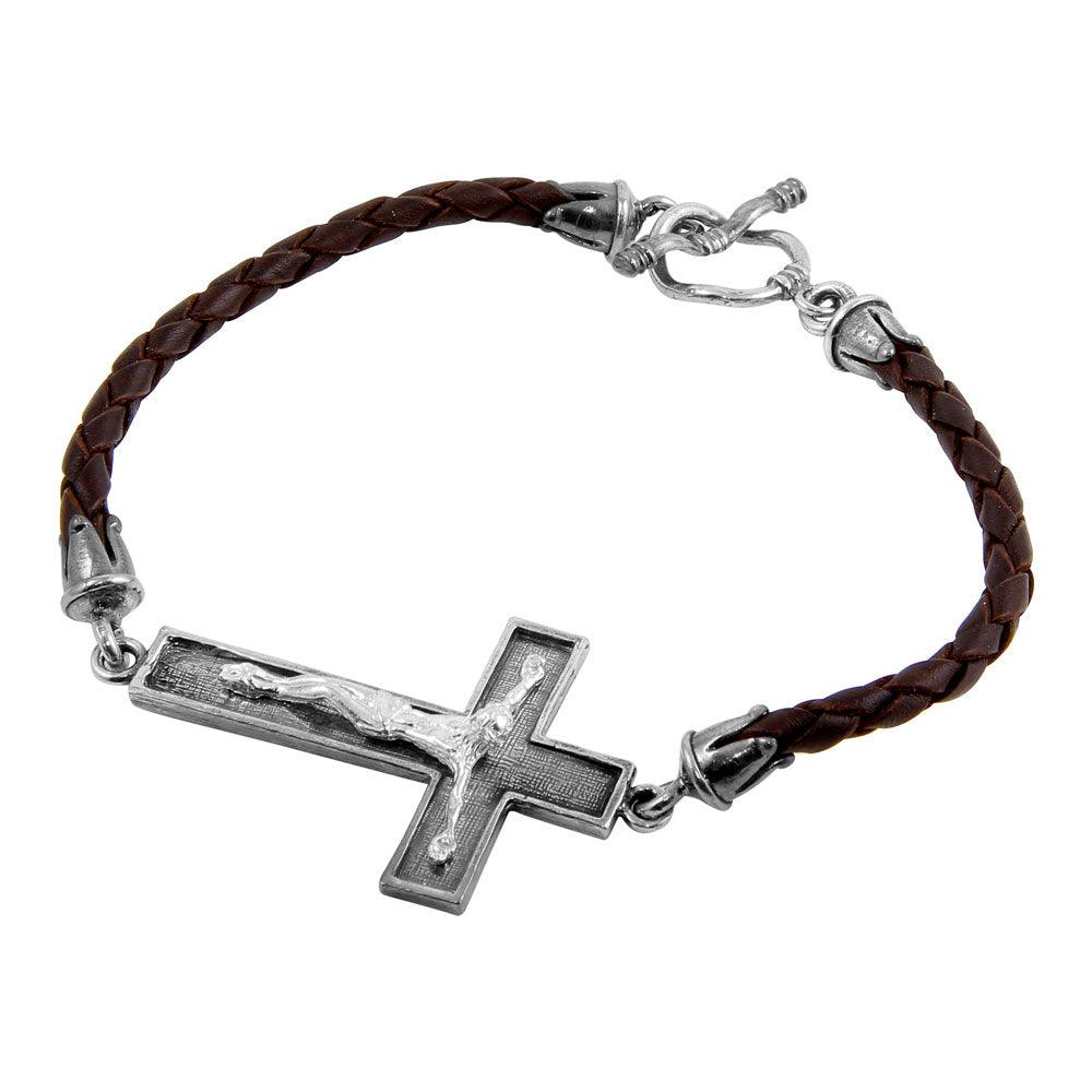 Oxidized 925 Sterling Silver Cross on a Leather Strap Bracelet - OXB00014