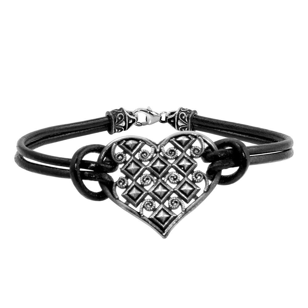 Oxidized 925 Sterling Silver Cut Out Designed Heart Leather Bracelet - OXB00015