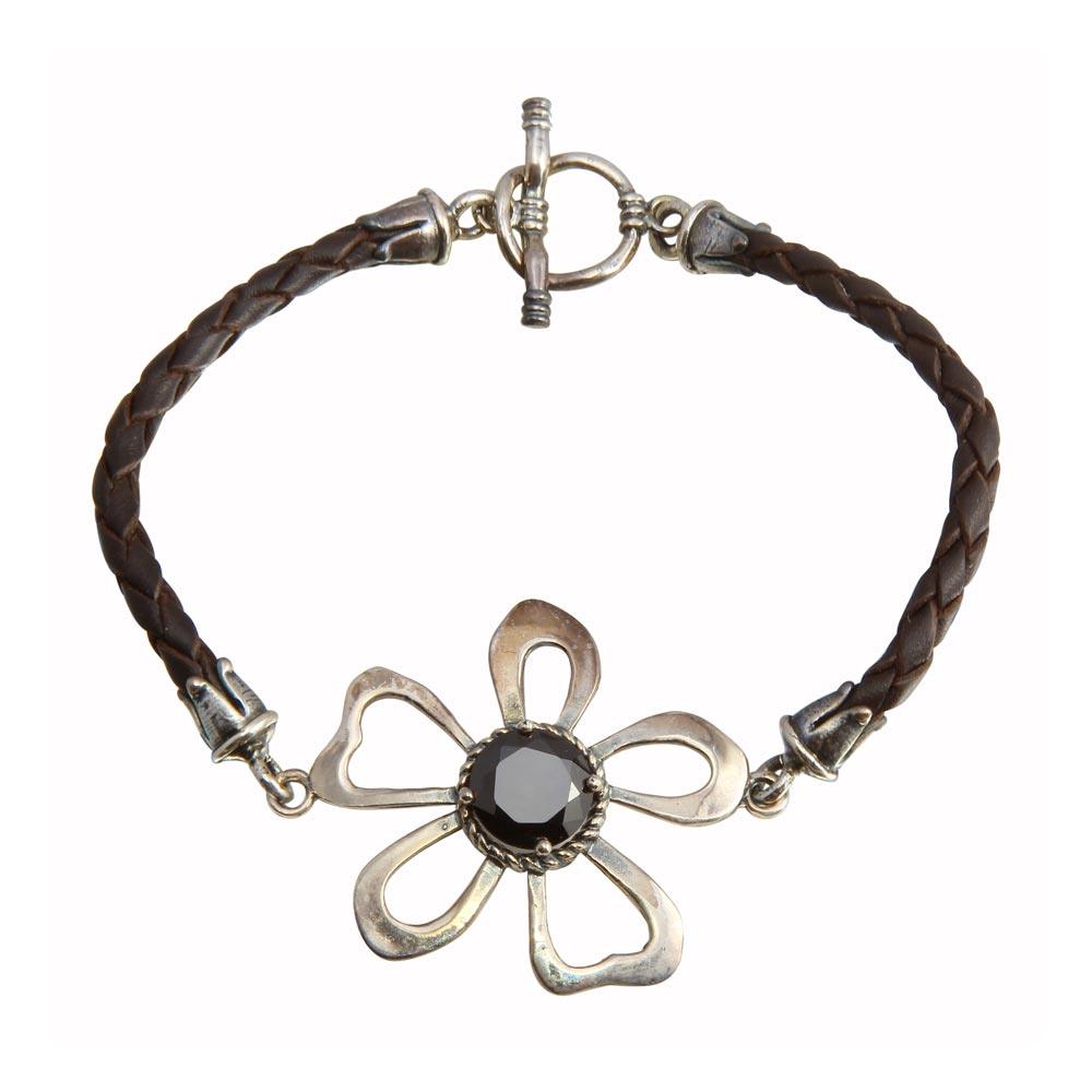 Oxidized 925 Sterling Silver Cut Out Designed Flower Leather Bracelet - OXB00017