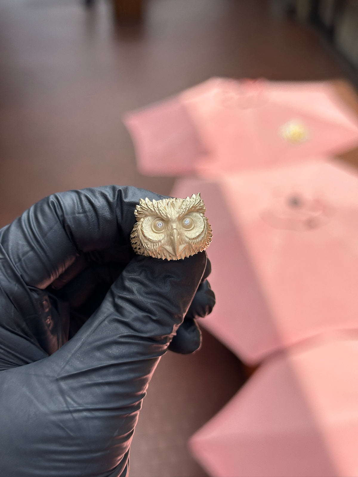 Owl Face Ring in solid 10K-24K gold
