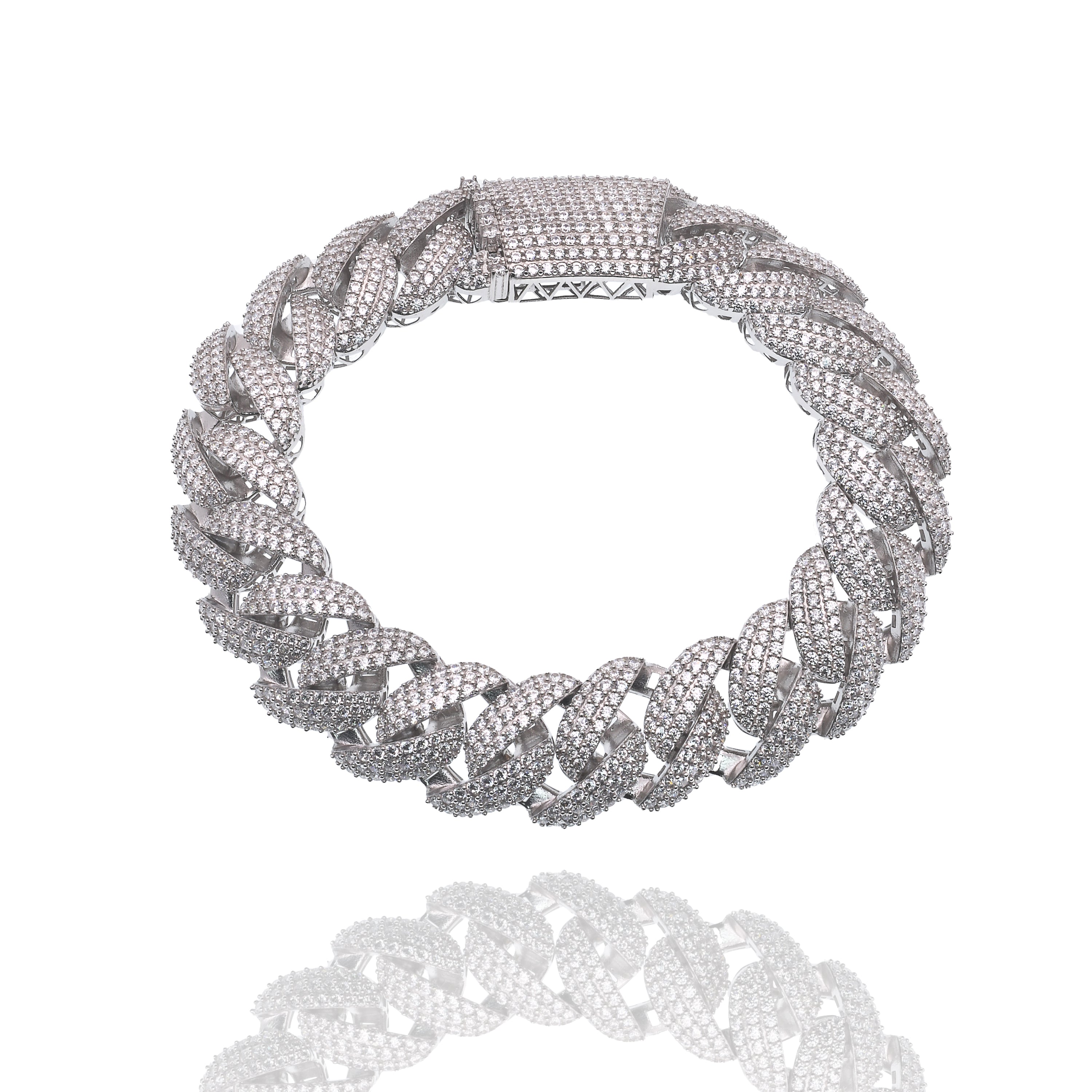 Rhodium Plated 925 Sterling Silver Pave CZ Iced Out Cuban Link 15mm Chain or Bracelet - GMN00243
