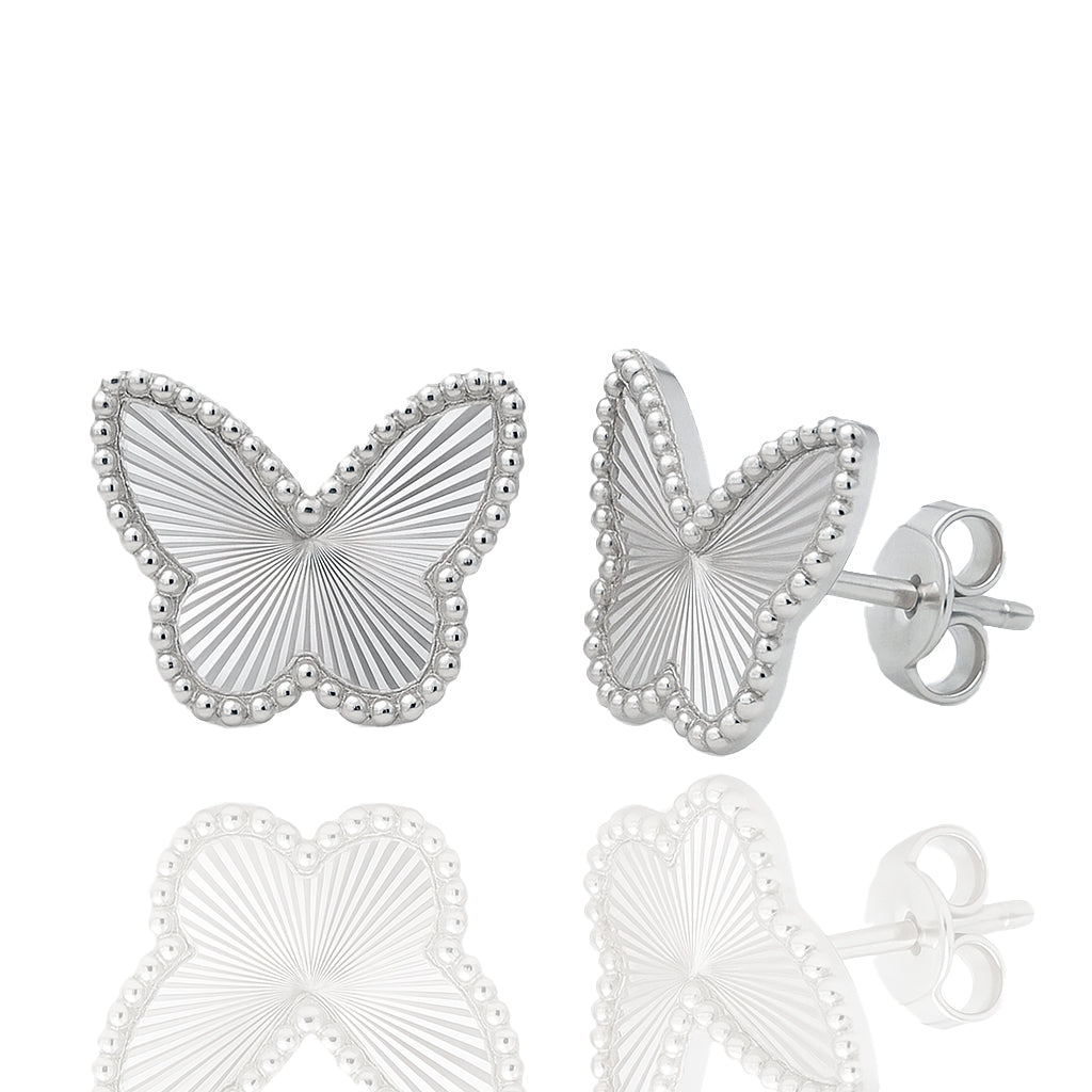 Rhodium Plated 925 Sterling Silver Diamond Cut Butterfly 15.3mm x 12mm Stud Earring - PAE00034