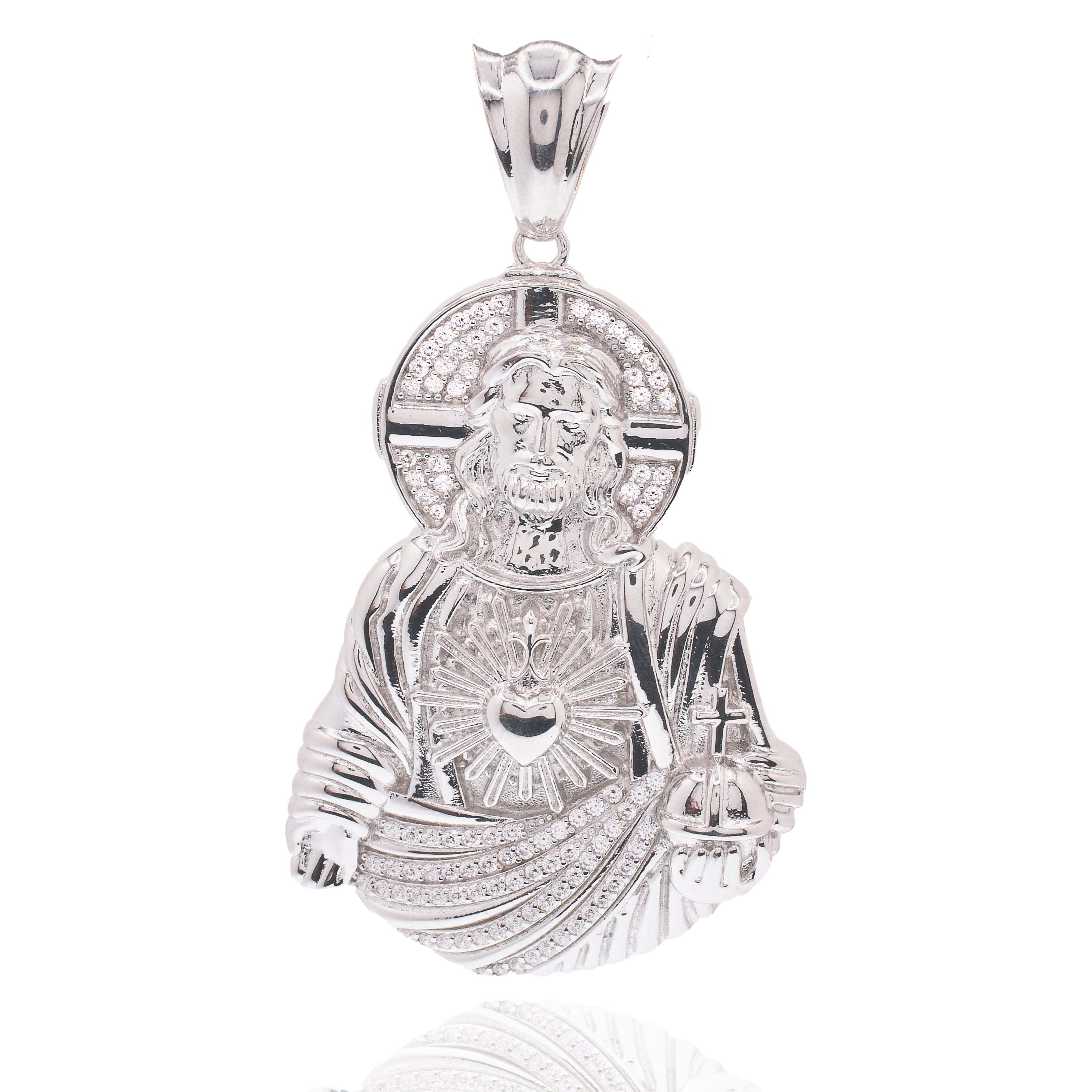 Rhodium Plated 925 Sterling Silver Jesus Christ Sacred Heart Clear CZ 43mm x 60mm Pendant - GMP00199