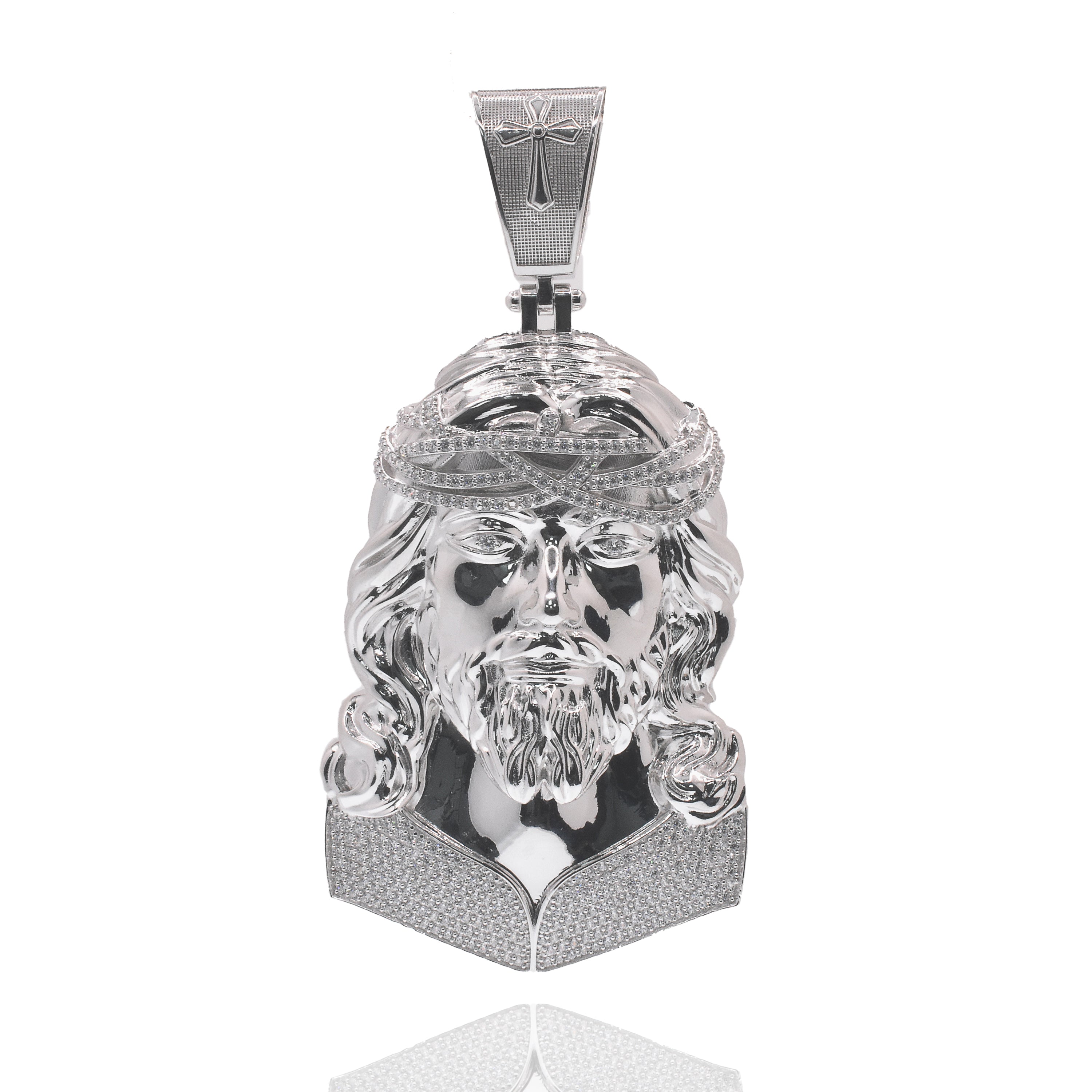 Rhodium Plated 925 Sterling Silver Jesus Christ Cross 49.5mm x 74mm Clear CZ Hollow Pendant - GMP00204