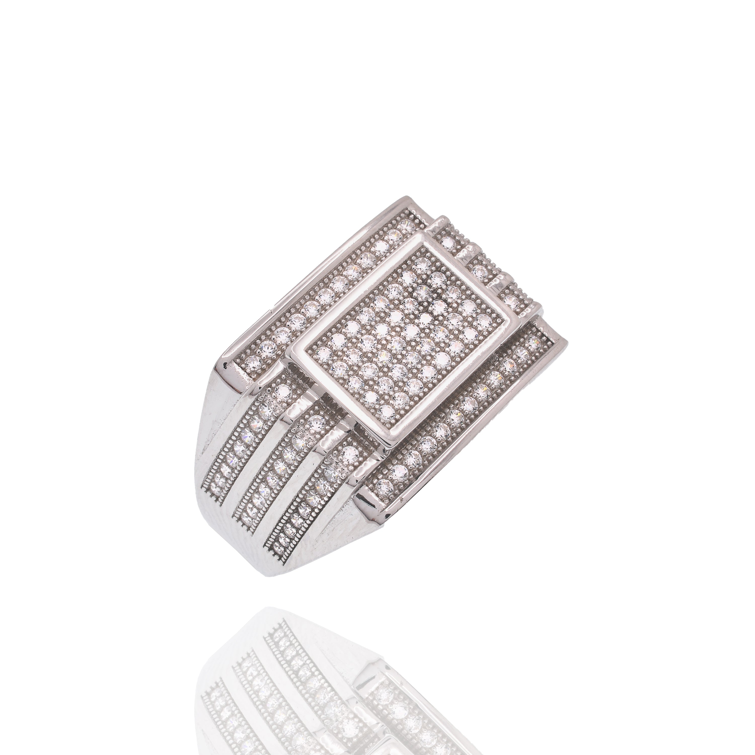 Rhodium Plated 925 Sterling Silver Men's CZ Rectangle Modern Iced Out Statement Band Ring - GMR00438