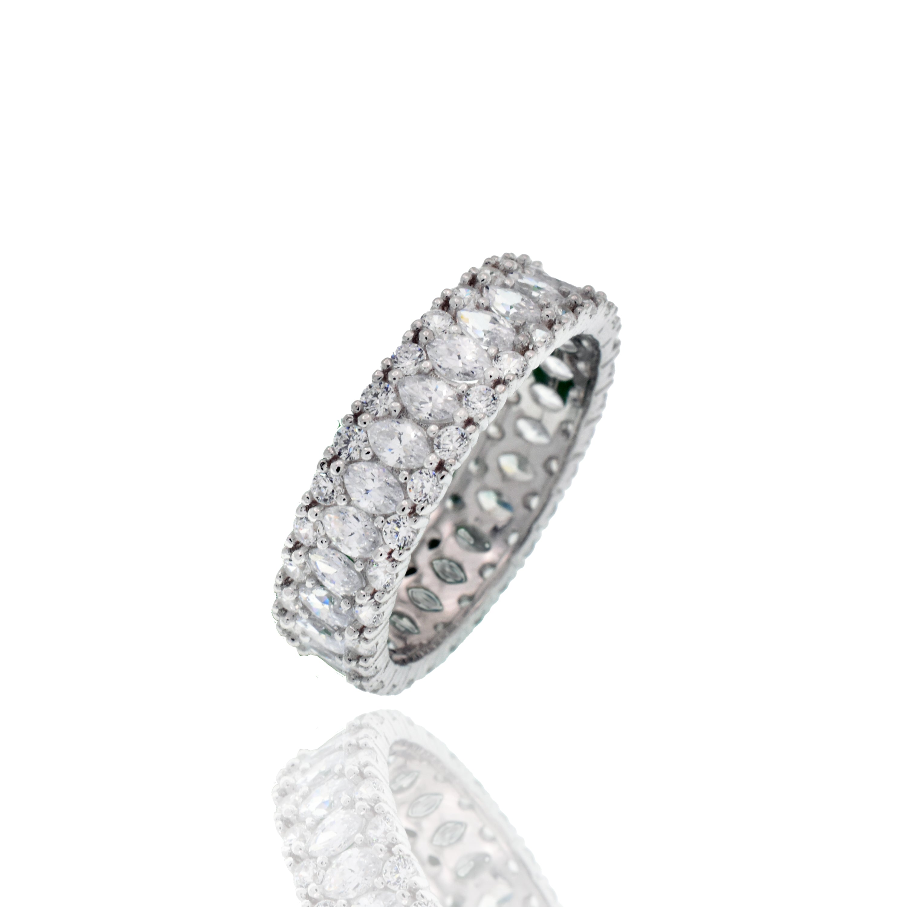 Rhodium Plated 925 Sterling Silver 5.4mm Triple Row Eternity Band Clear CZ Ring - GMR00446