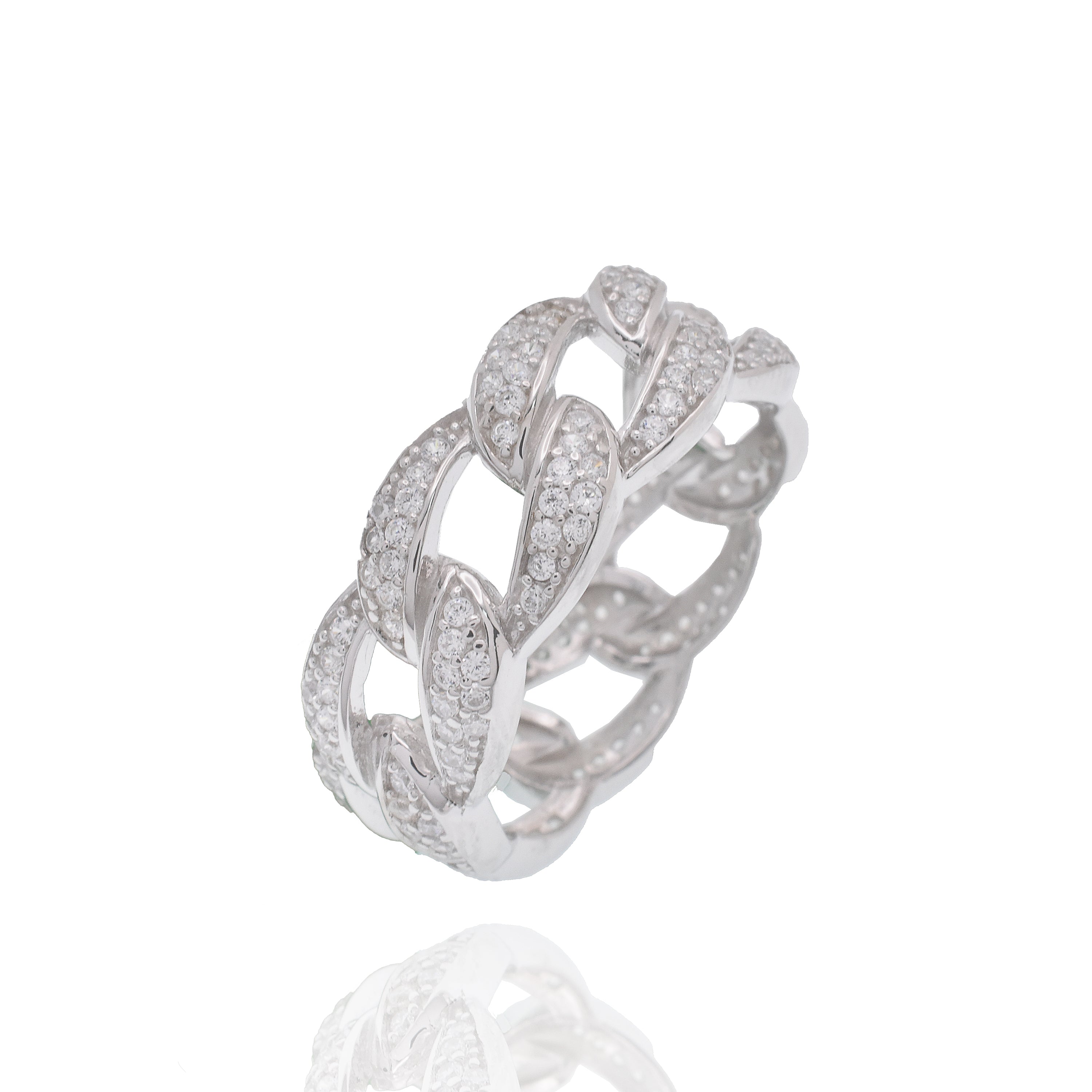 Rhodium Plated 925 Sterling Silver Iced Cuban Link Clear CZ 8.7mm Ring - GMR00449