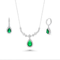 Rhodium Plated 925 Sterling Silver Teardrop Emerald CZ Statement Hoop Earring and Necklace Matching Set - PAS00039