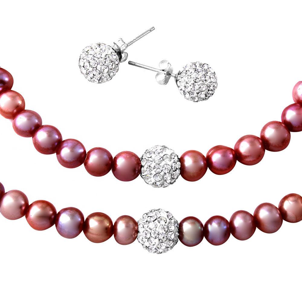 Fresh Water Pink Pearl Set with CZ Encrusted Sterling Silver Beads - PJS00001PNK