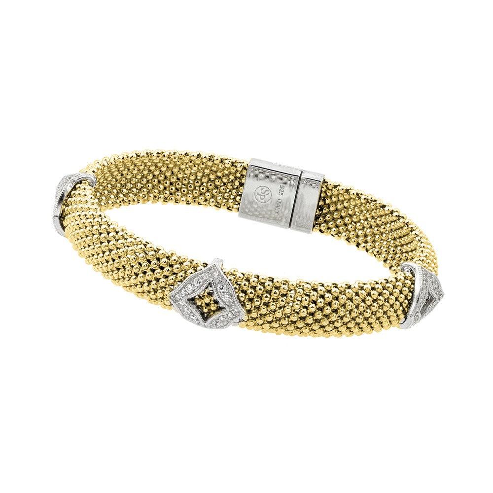 Silver 925 Gold Plated Micro Pave Diagonal Square Clear CZ Beaded Italian Bracelet - PSB00004GP