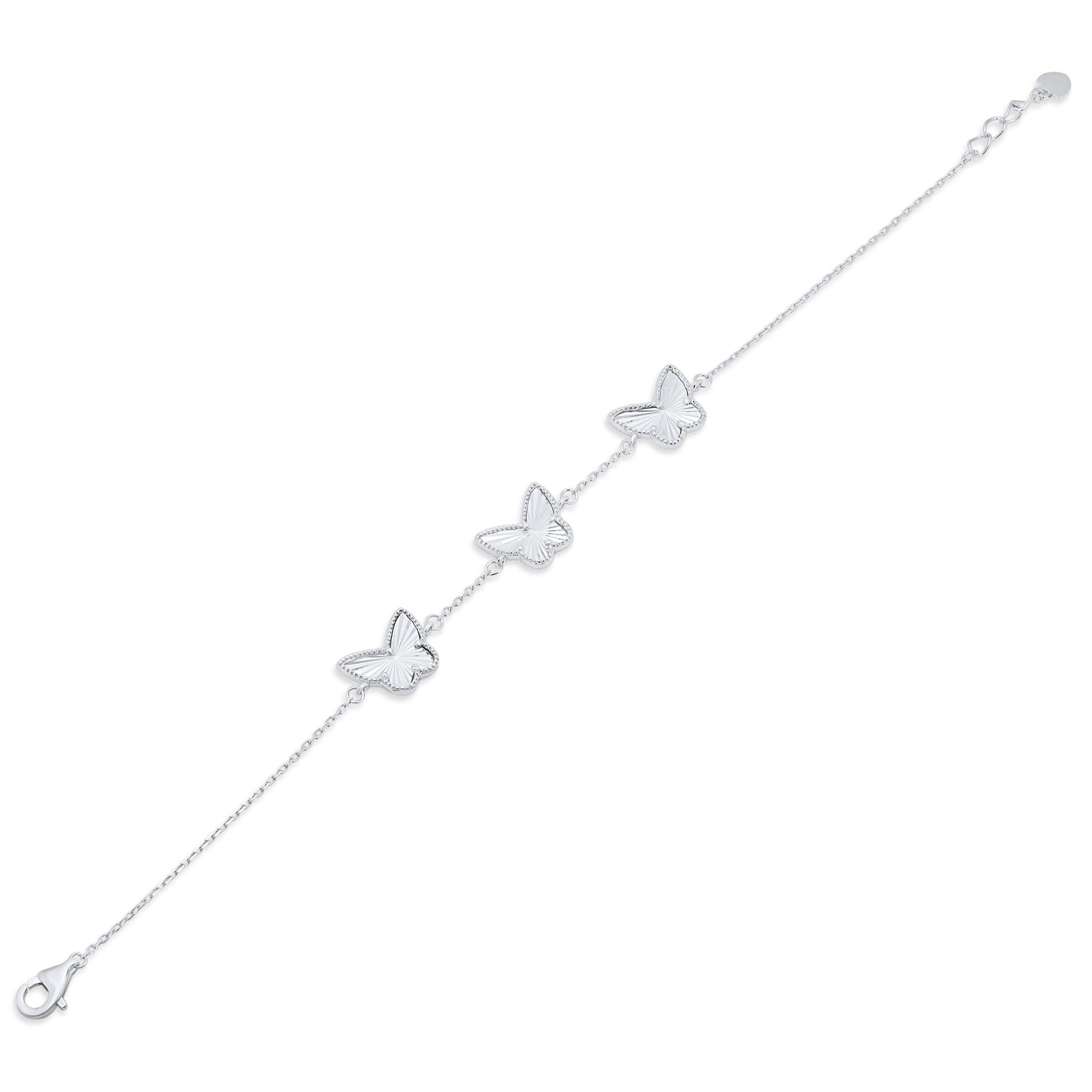 Rhodium Plated 925 Sterling Silver Diamond Cut Three Butterfly Charm 12mm x 9.5mm Adjustable Bracelet - PXB00001
