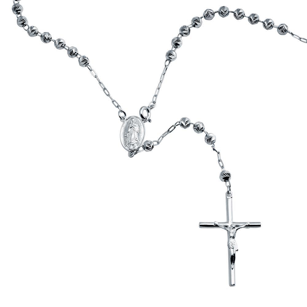 High Polished 925 Sterling Silver Diamond V-Cut Beads Rosary 3mm - RJP00003