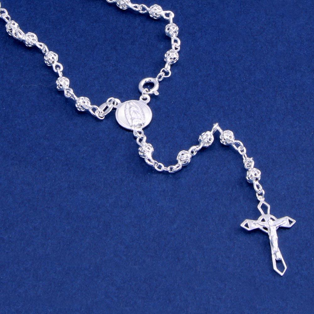 High Polished 925 Sterling Silver 4MM Filigree Rosary with Small Cross - ROS12-4MM