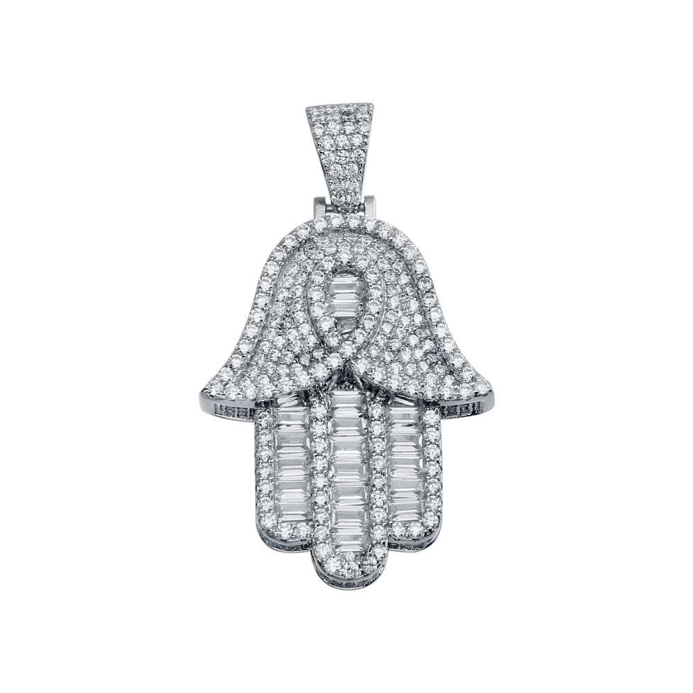 Rhodium Plated 925 Sterling Silver CZ Hamsa Hip Hop Pendant - SLP00005