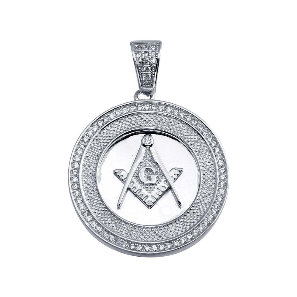 Rhodium Plated 925 Sterling Silver Masonic Sign Medallion Hip Hop Pendant - SLP00019