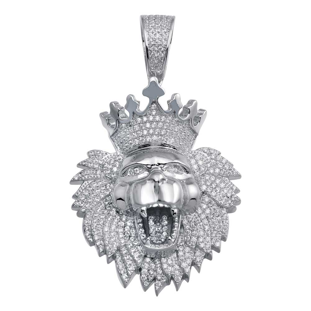 Rhodium Plated 925 Sterling Silver CZ Crowned Lion Hip Hop Pendant - SLP00024