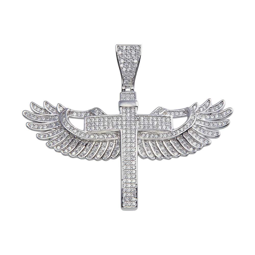 Rhodium Plated 925 Sterling Silver CZ Angel Wing Cross Hip Hop Pendant - SLP00042.