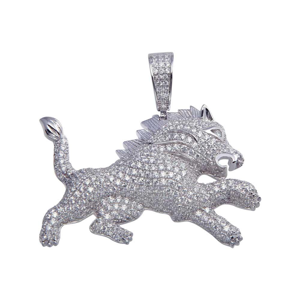 Rhodium Plated 925 Sterling Silver Lion Hip Hop Pendant - SLP00061.