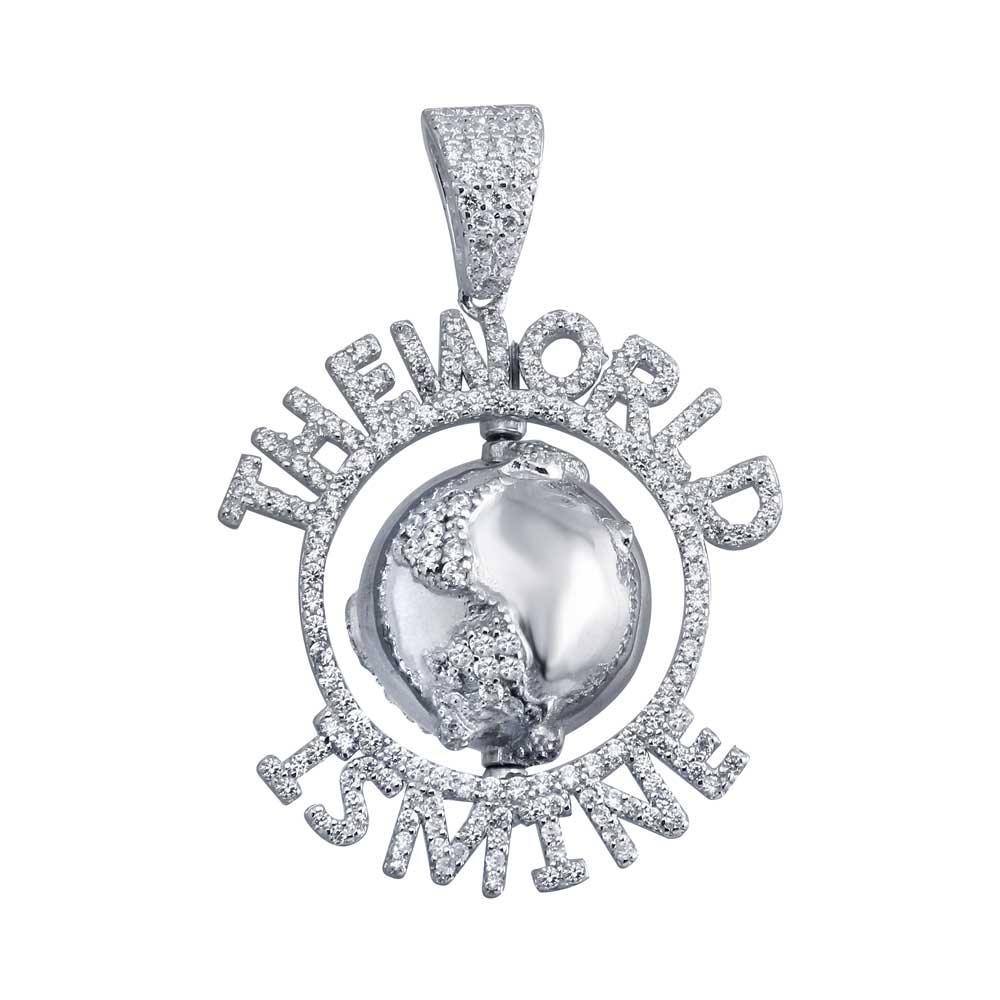 Rhodium Plated 925 Sterling Silver CZ Globe Hip Hop Pendant - SLP00086.