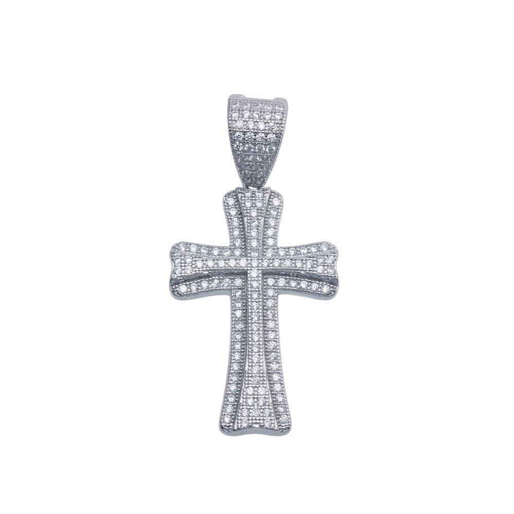 Rhodium Plated 925 Sterling Silver Small Double Cross CZ Hip Hop Pendant - SLP00095