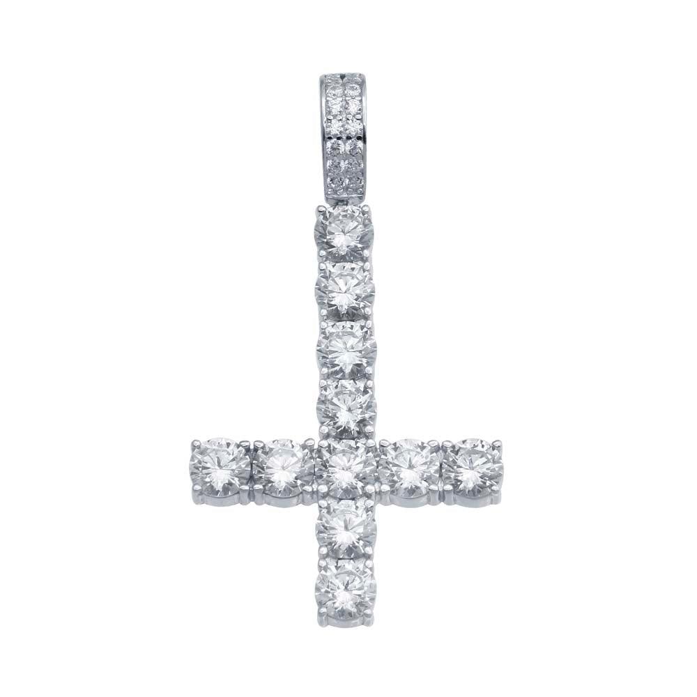 Rhodium Plated 925 Sterling Silver CZ Upside Down Cross Hip Hop Pendant - SLP00102