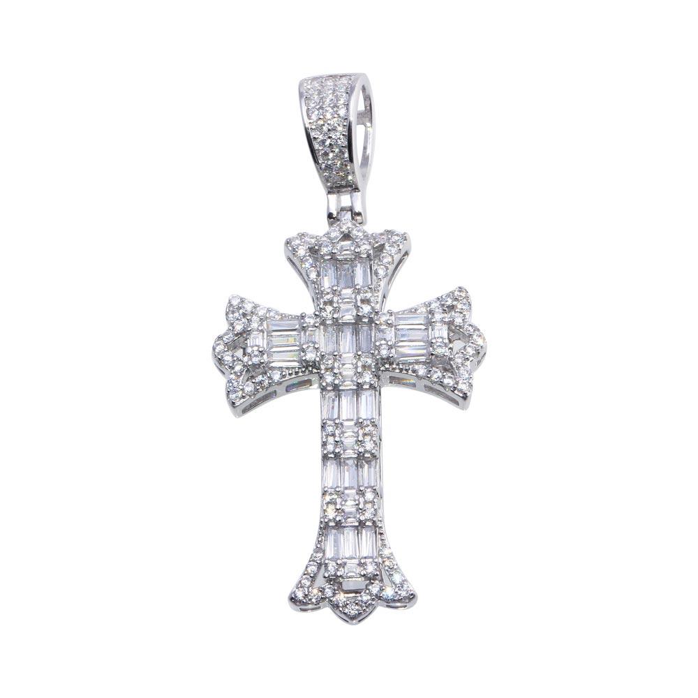 Rhodium Plated 925 Sterling Silver Baguette CZ Cross Hip Hop Pendant - SLP00104