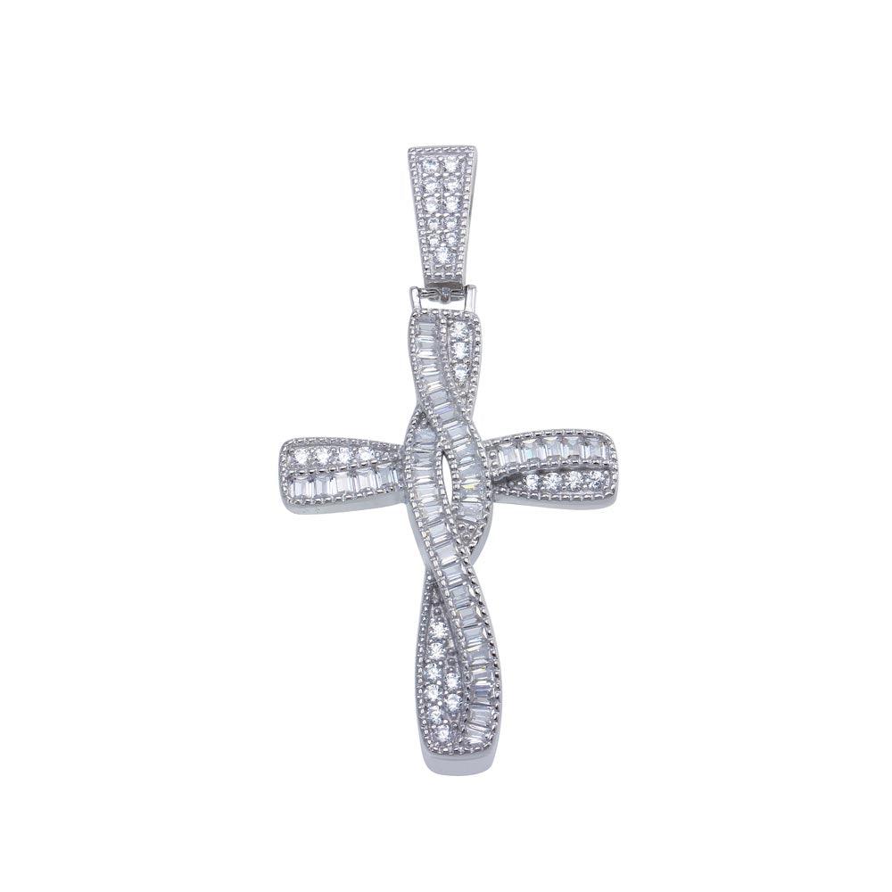 Rhodium Plated 925 Sterling Silver Twisted Cross Baguette CZ Hip Hop Pendant - SLP00108