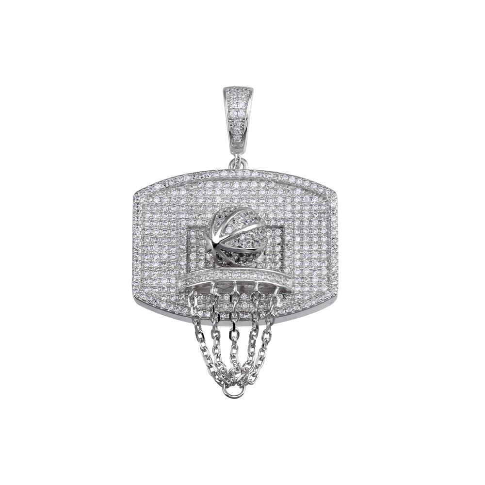 Rhodium Plated 925 Sterling Silver CZ Basketball Hoop Hip Hop Pendant - SLP00155RH