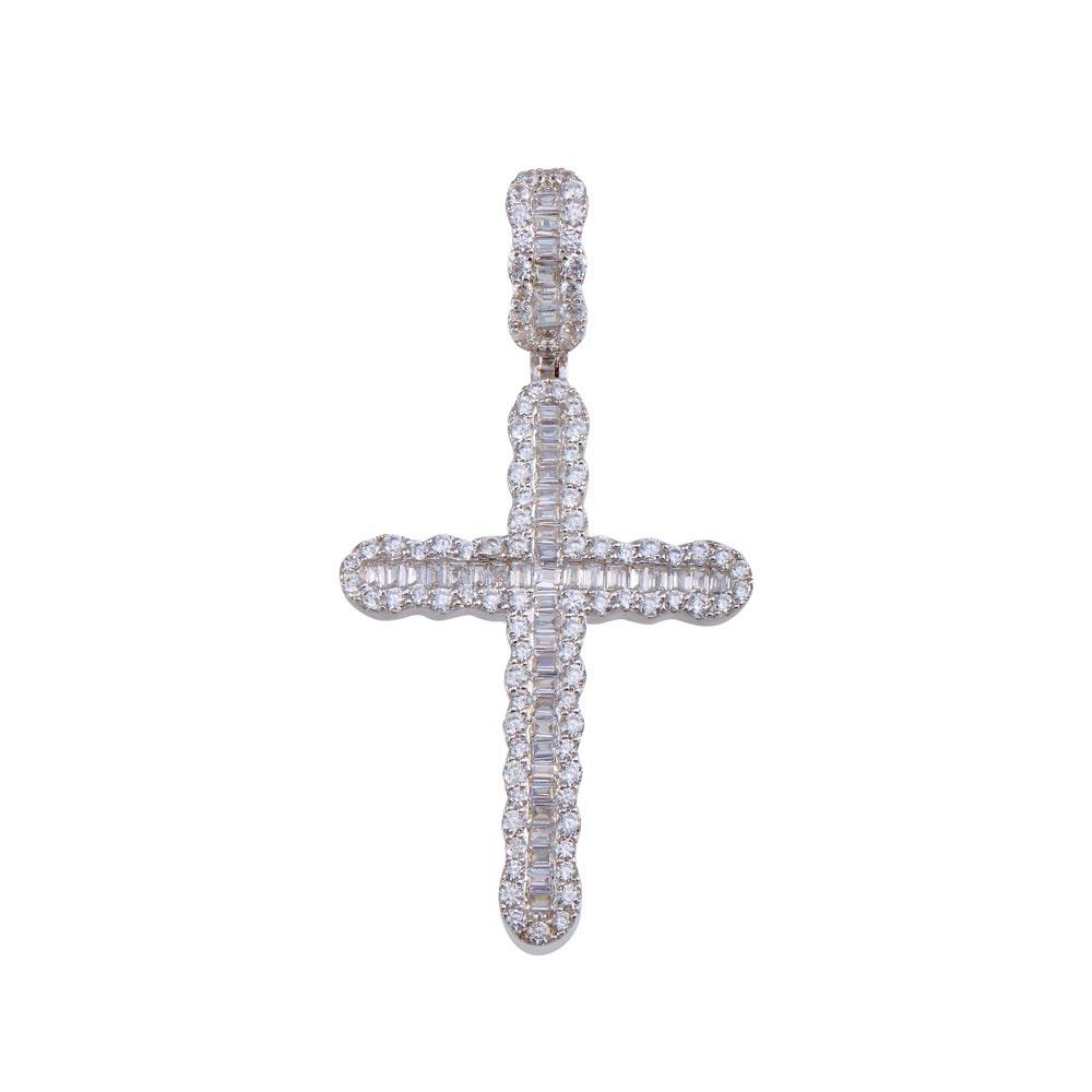 Rhodium Plated 925 Sterling Silver CZ Cross Hip Hop Pendant - SLP00160