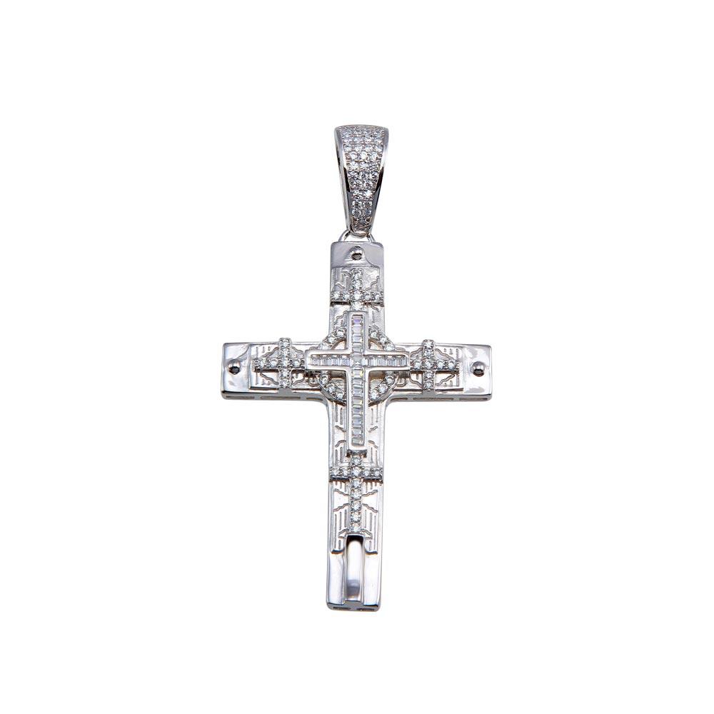 Rhodium Plated 925 Sterling Silver CZ Cross Hip Hop Pendant - SLP00162