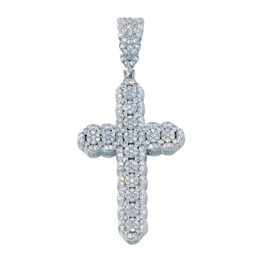 Rhodium Plated 925 Sterling Silver CZ Cross Hip Hop Pendant - SLP00181
