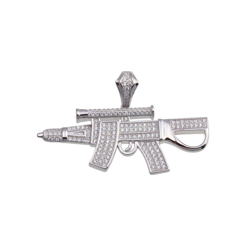 Rhodium Plated 925 Sterling Silver CZ Gun Hip Hop Pendant - SLP00198RH
