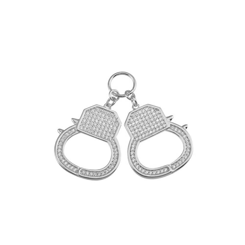 Rhodium Plated 925 Sterling Silver CZ Hand Cuffs Hip Hop Pendant - SLP00205