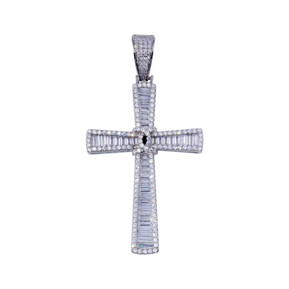Rhodium Plated 925 Sterling Silver CZ Cross Hip Hop Pendant - SLP00263