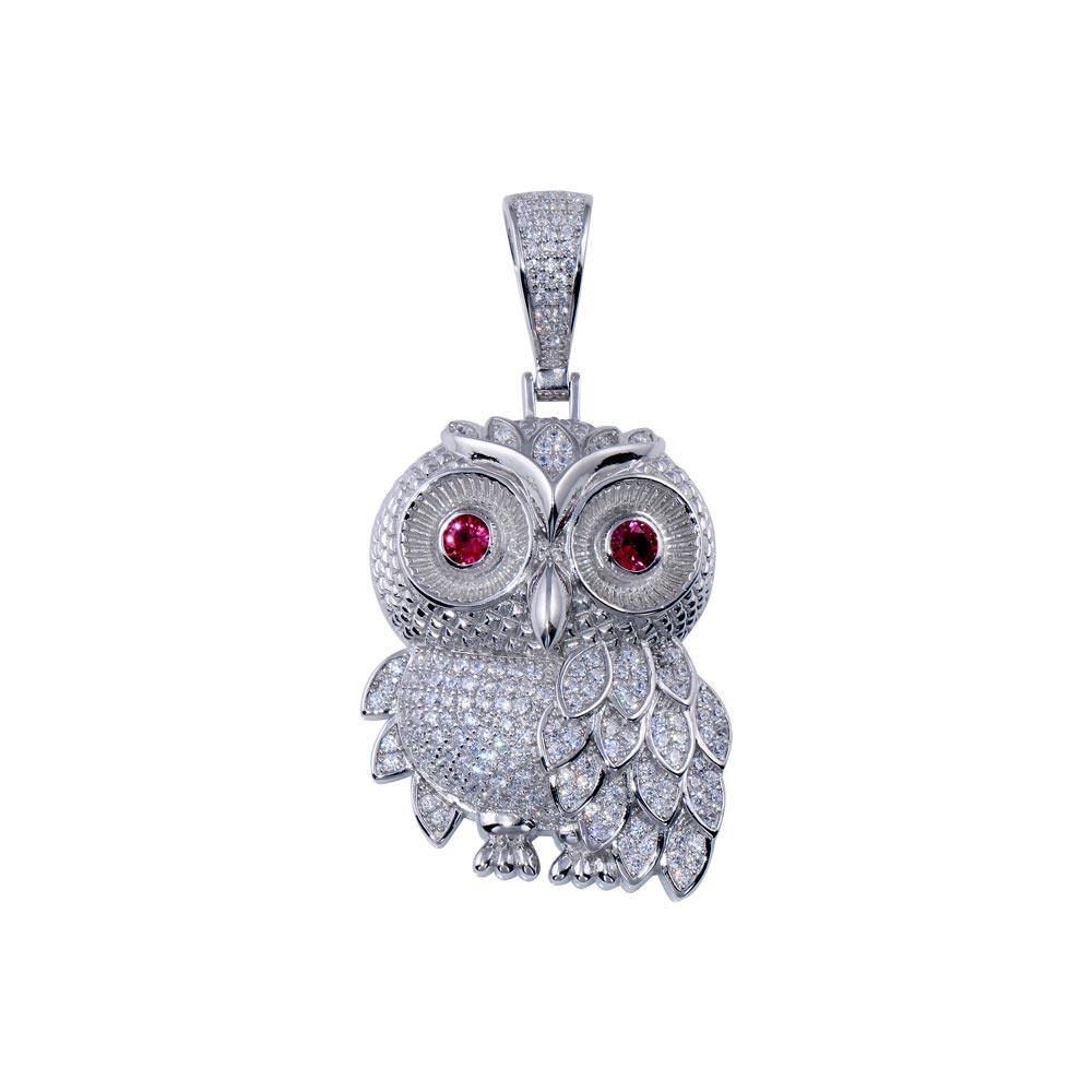 Rhodium Plated 925 Sterling Silver CZ Owl Hip Hop Pendant - SLP00266