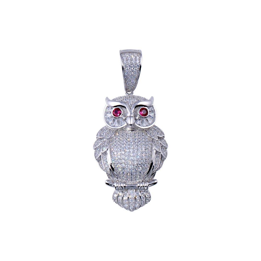 Rhodium Plated 925 Sterling Silver CZ Owl Hip Hop Pendant - SLP00267