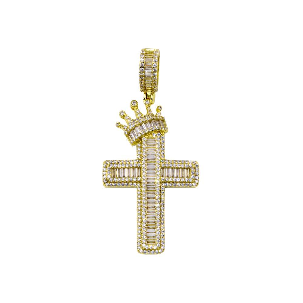 Gold Plated 925 Sterling Silver CZ Crown Cross Hip Hop Pendant - SLP00269GP