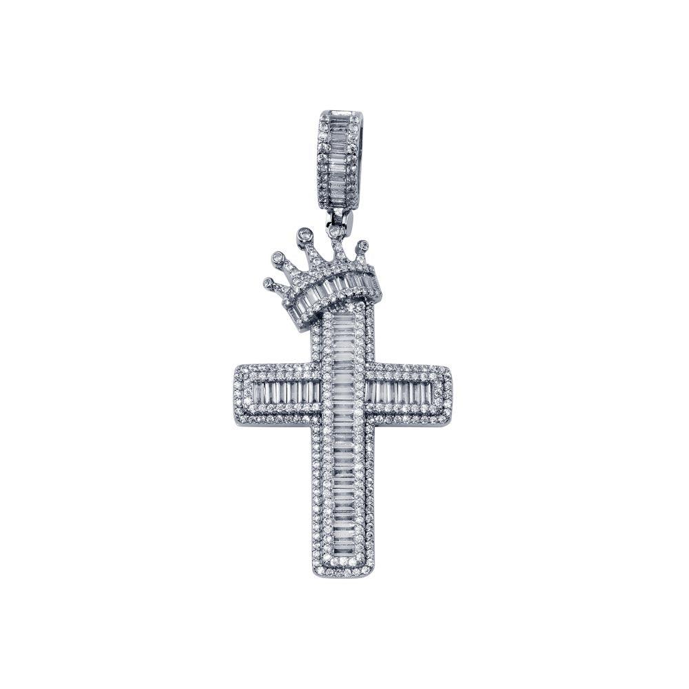 Rhodium Plated 925 Sterling Silver CZ Crown Cross Hip Hop Pendant - SLP00269RH