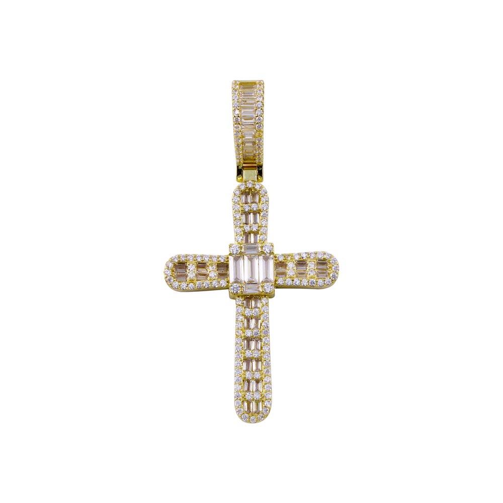 Gold Plated 925 Sterling Silver CZ Cross Hip Hop Pendant - SLP00270GP