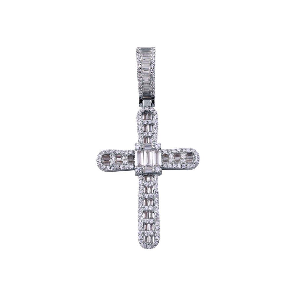 Rhodium Plated 925 Sterling Silver CZ Cross Hip Hop Pendant - SLP00270RH