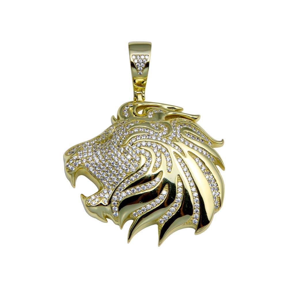 Gold Plated 925 Sterling Silver CZ Lion Hip Hop Pendant - SLP00275GP