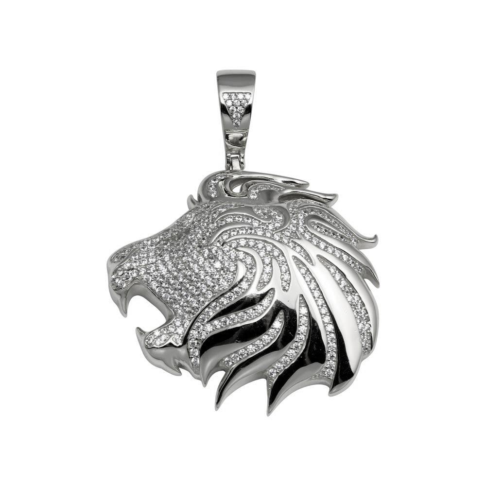 Rhodium Plated 925 Sterling Silver CZ Lion Hip Hop Pendant - SLP00275RH