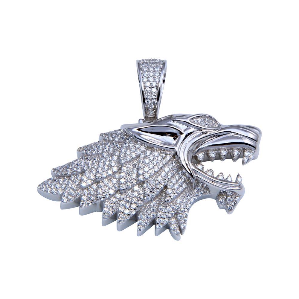 Rhodium Plated 925 Sterling Silver CZ Wolf Hip Hop Pendant - SLP00276