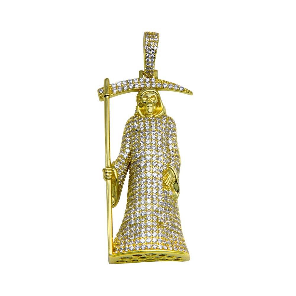 Gold Plated 925 Sterling Silver CZ Santa Muerte Hip Hop Pendant - SLP00277GP