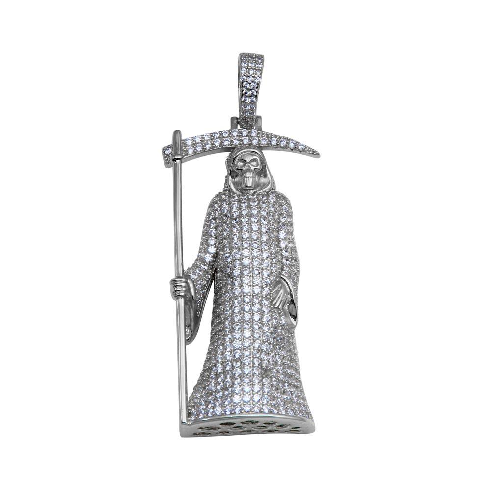 Rhodium Plated 925 Sterling Silver CZ Santa Muerte Hip Hop Pendant - SLP00277RH
