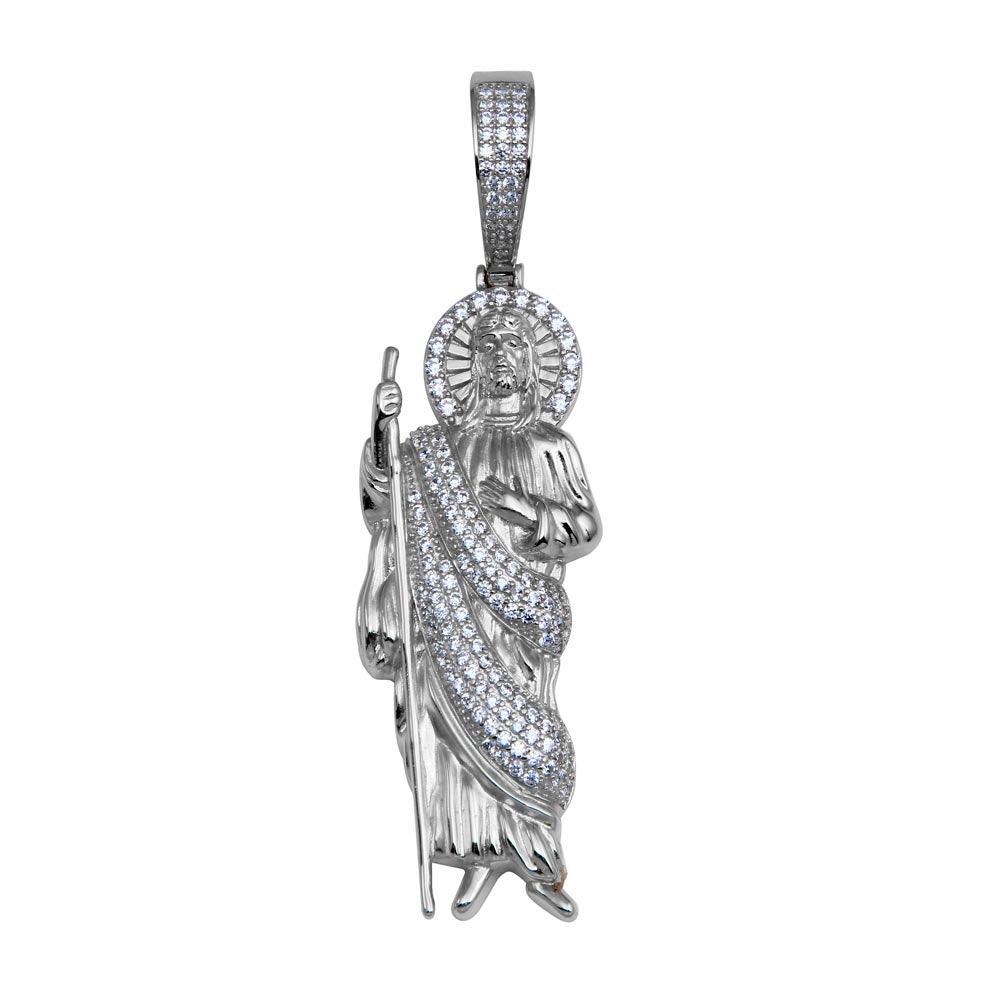 Rhodium Plated 925 Sterling Silver CZ St Jude Hip Hop Pendant - SLP00278RH