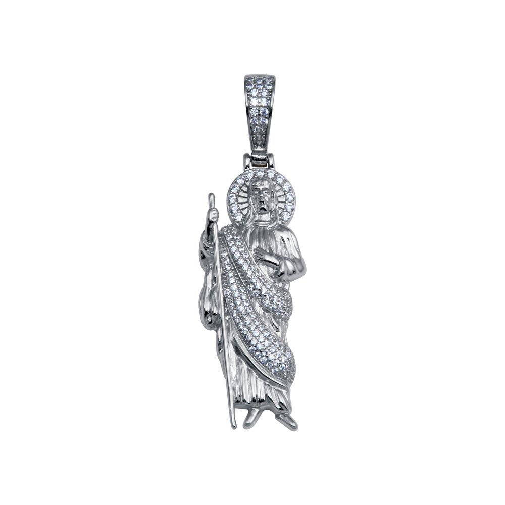 Rhodium Plated 925 Sterling Silver CZ St Jude Hip Hop Pendant - SLP00279RH